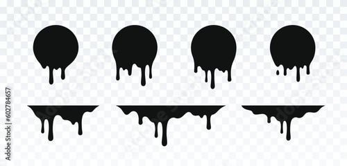 Drip set of oil, sauce or paint isolated on white background. Black chocolate melt liquid splash borders. Vector ink drops patterns.