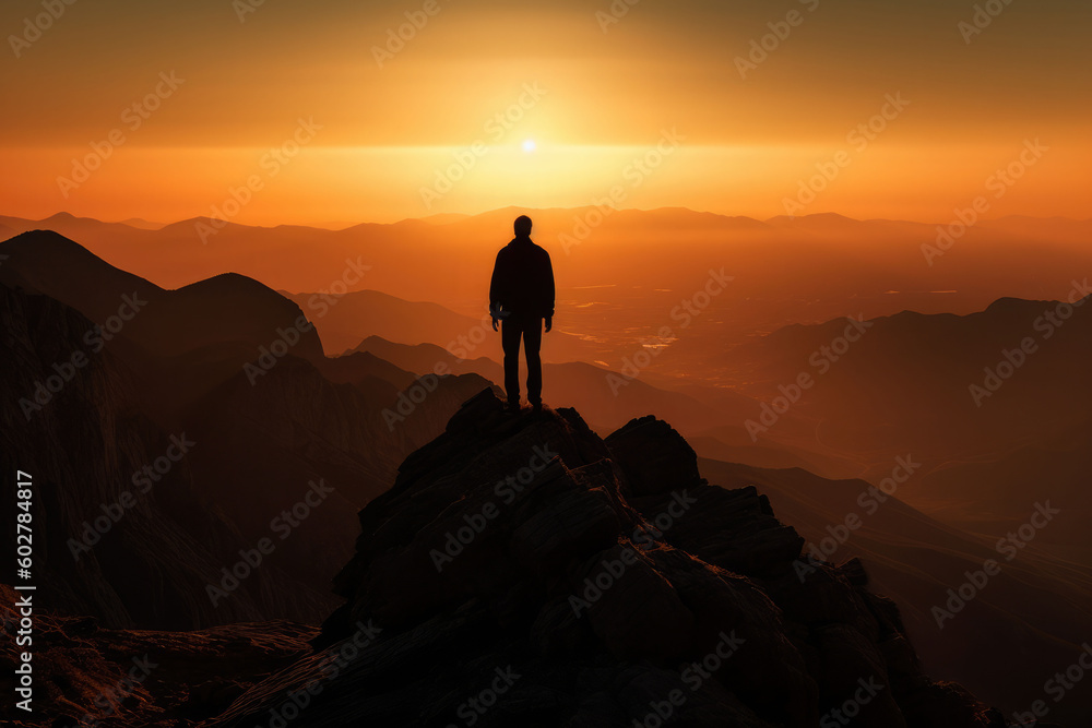 Achievement and Personal Growth - Dramatic Silhouette on a Mountain Peak at Sunset