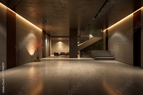 The minimalistic interior is transformed at night with the use of LED lights. Ai generated.