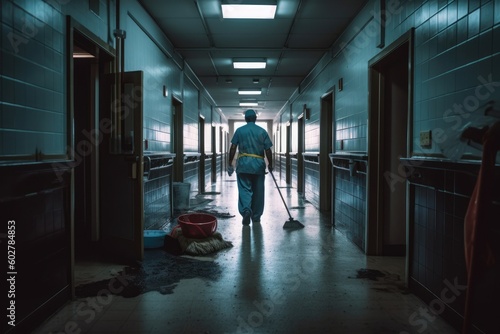 Janitor in Uniform   Using a Mop to Clean a Hallway