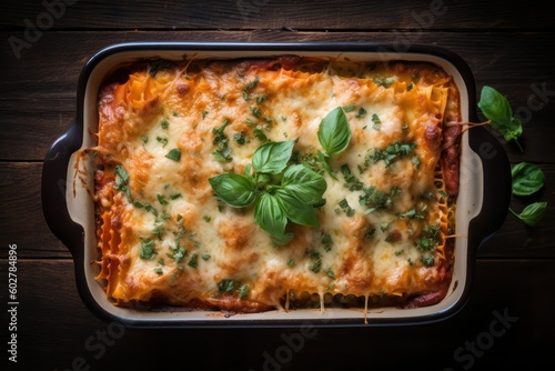 Homemade delicious lasagna with spinach and mushrooms in a baking dish on a stone background. View from above . generative AI