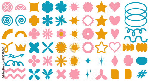 Set of colorful abstract shapes on white background. Groovy elements for posters design, stickers in retro style. Vector illustration with geometric shapes,lines, hearts, stars and hand-drawn elements
