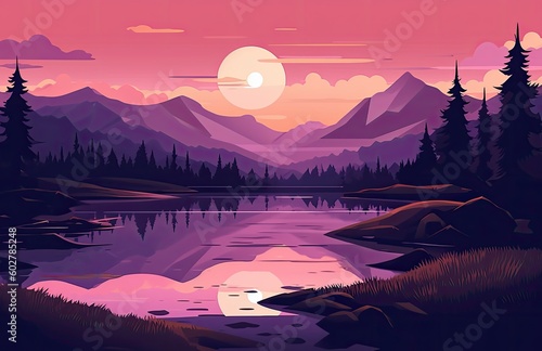 Sunset on the mountain lake. Created with Generative AI tools