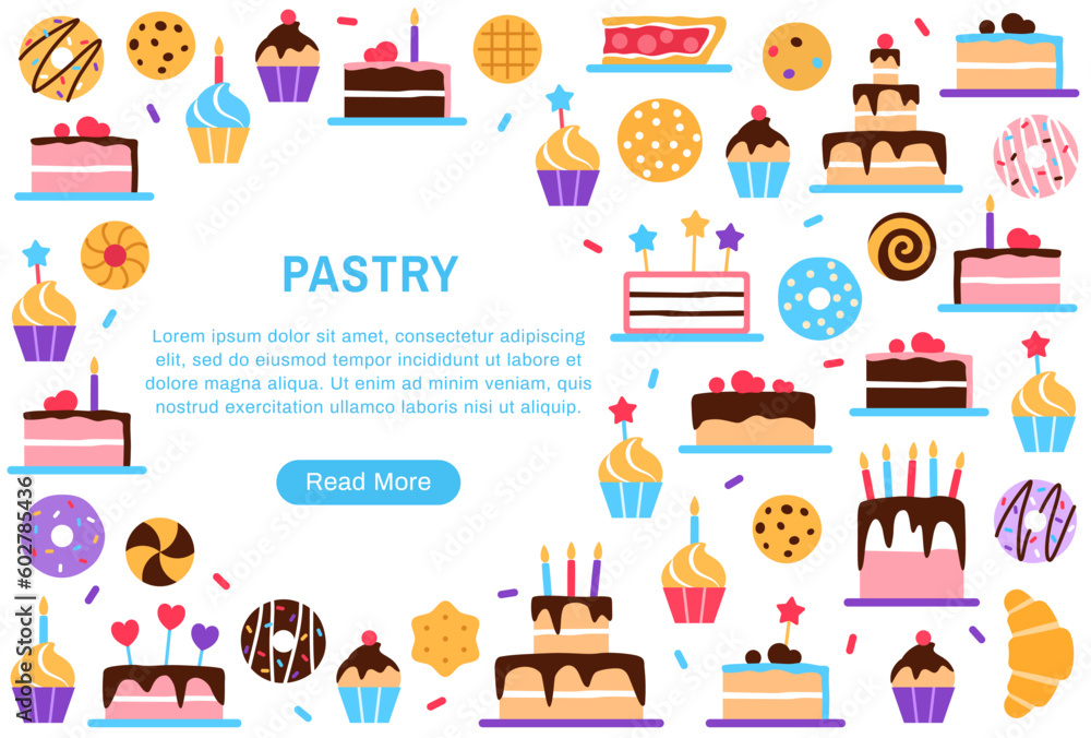 Pastry background with circle copy space and button. Colorful baked healthy food collection design. Dessert elements donut cake cupcake for cafe menu. Internet web page flat vector illustration. Pastry background with circle copy space and button. Colorful baked healthy food collection design. Dessert elements donut cake cupcake for cafe menu. Internet web page flat vector illustration.