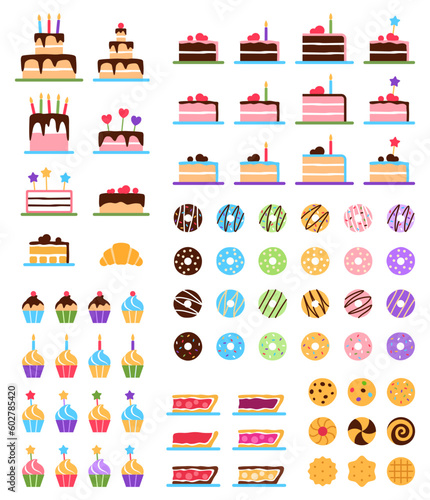 Pastry objects set on white background. Tasty baked healthy elements dessert collection. Flat biscuit cake donut cookie cupcake chocolate pie croissant. Cartoon sweet snack food vector illustration.