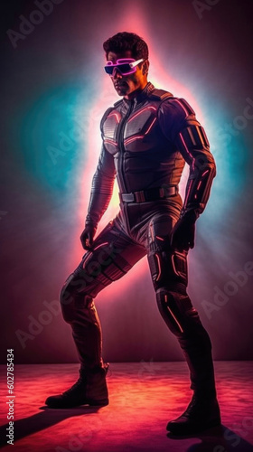Photo realistic synthwave, science-fiction, fantasy, armored superhero, super soldier illustration. Anatomy and lighting reference. Generative AI.