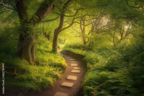 serene path surrounded by lush greenery in a forest Generative AI