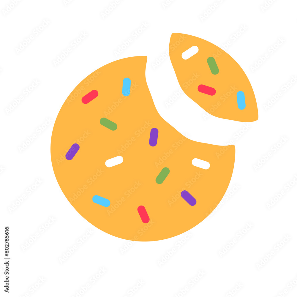 Crunchy broken cookie with missing bite, colorful sprinkles isolated on white background. Gourmet crispy meal sign or logo flat design. Baked wholemeal wheat dessert. Breakfast vector illustration. Crunchy broken cookie with missing bite, colorful sprinkles isolated on white background. Gourmet crispy meal sign or logo flat design. Baked wholemeal wheat dessert. Breakfast vector illustration.
