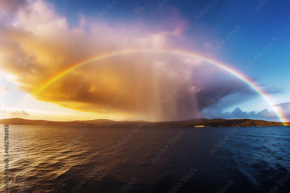 Rainbow in ocean. Generative AI.