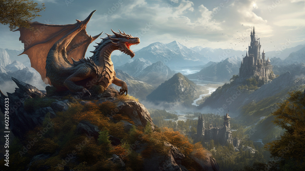 A fearsome dragon perched atop a towering mountain peak, overlooking a vast landscape Generative AI A fearsome dragon perched atop a towering mountain peak, overlooking a vast landscape Generative AI