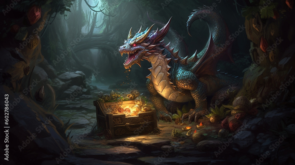 A mystical dragon guarding a treasure trove in a hidden cave Generative AI A mystical dragon guarding a treasure trove in a hidden cave Generative AI