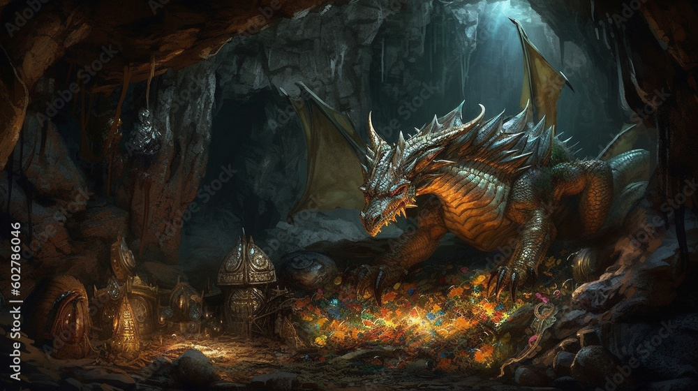 A mystical dragon guarding a treasure trove in a hidden cave Generative AI - obrazy, fototapety, plakaty 