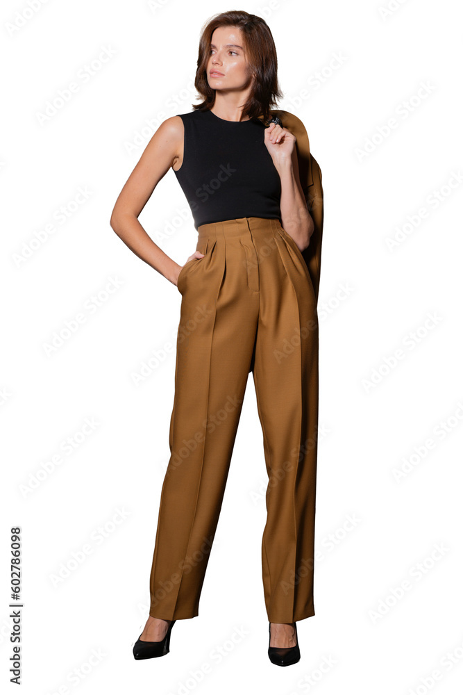 Brunette woman in modern formal trousers and jacket for office clothes, Transparent background, png. Brunette woman in modern formal trousers and jacket for office clothes, Transparent background, png.