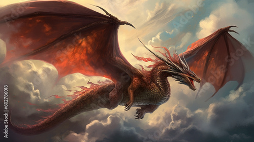 A majestic dragon soaring through the clouds, with its wings spread wide Generative AI