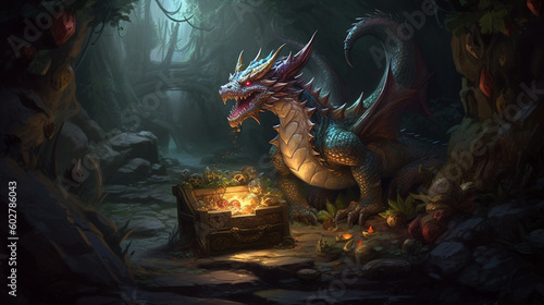 A mystical dragon guarding a treasure trove in a hidden cave Generative AI © Наталья Евтехова