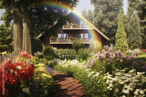Rainbow in the garden. Generative AI.