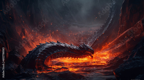 A fiery dragon breathing streams of molten lava, creating a dramatic scene Generative AI