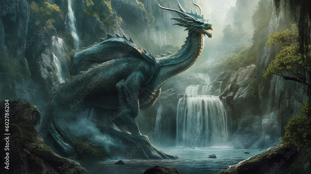A dragon perched on the edge of a towering waterfall, with water cascading below Generative AI A dragon perched on the edge of a towering waterfall, with water cascading below Generative AI