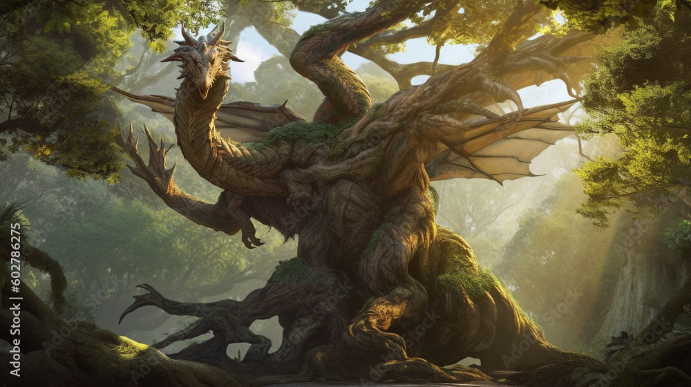 A dragon wrapped around a massive tree, its wings creating a canopy of shade Generative AI