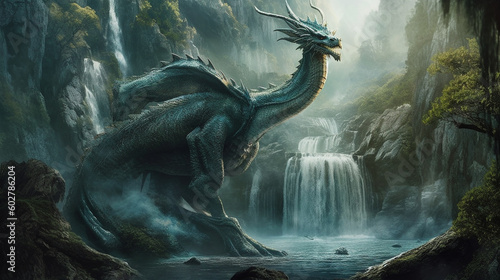 A dragon perched on the edge of a towering waterfall  with water cascading below Generative AI