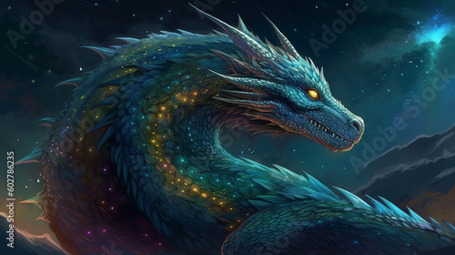 A dragon with vibrant, iridescent scales gliding through a starry night sky Generative AI