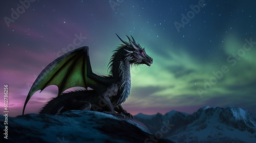 A dragon resting on a mountaintop, as the aurora borealis dances above Generative AI