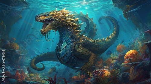 A dragon diving into the depths of a vast ocean, surrounded by marine life Generative AI