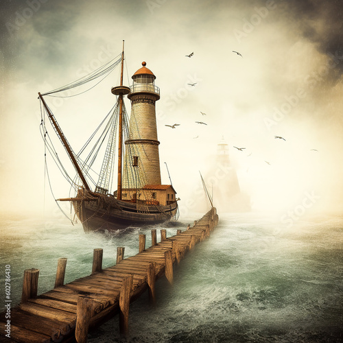 Wallpaper Mural Generative AI: illustration of old lighthouse in a fantasy scene Torontodigital.ca