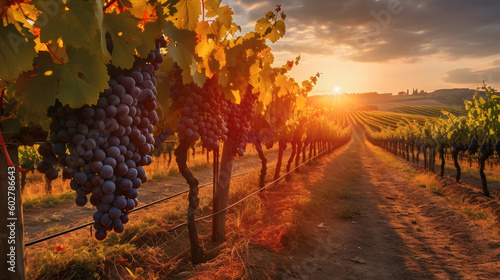 Ripe grapes in vineyard at sunset, Tuscany, Italy.