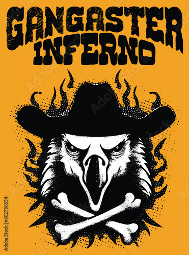 Gangster Inferno old west poster, retro sticker, Inferno, eagle firing, epic, Masquerade, cowboy, west, gang mascot, silhouette 