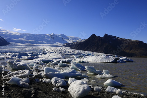  View of a lake of Svínafellsjökull which is a glacier in Iceland constituting a glacial tongue of Vatnajökull.