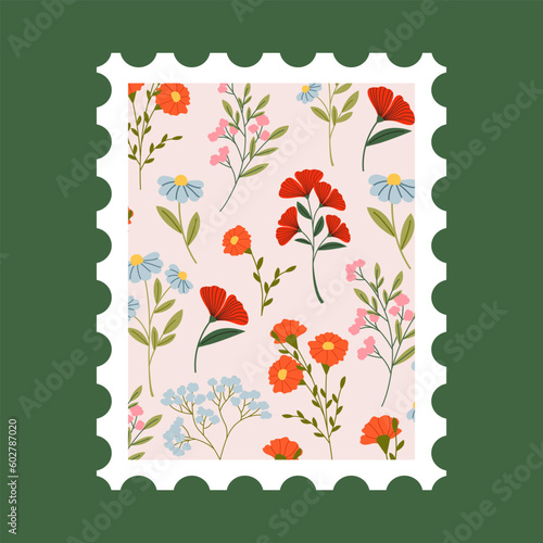 Post stamp with flowers and leaves vector flat illustration. Postage mail stamp, postmark.	