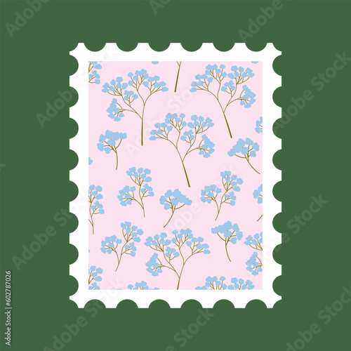 Post stamp with flowers vector flat illustration. Postage mail stamp, postmark.	