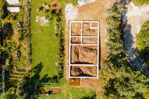 Aerial Drone Shot Of Foundations, Construction Site Platform and armature