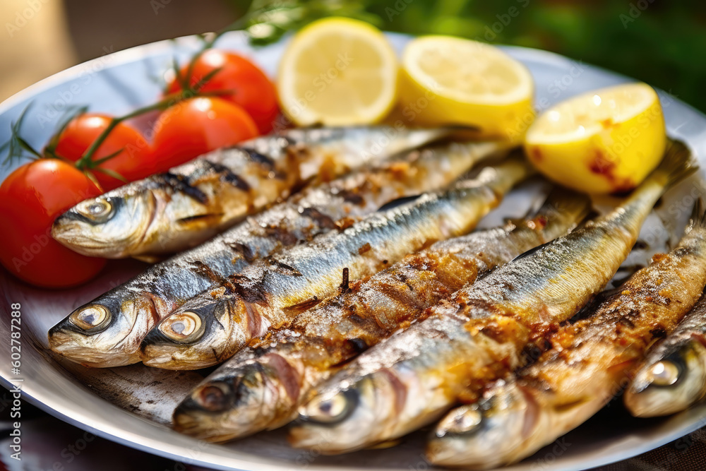 Grilled sardines with peppers, olive oil, and bread. Traditional Portuguese food, typical of popular festivals, popular saints Portugal. AI Generative Grilled sardines with peppers, olive oil, and bread. Traditional Portuguese food, typical of popular festivals, popular saints Portugal. AI Generative
