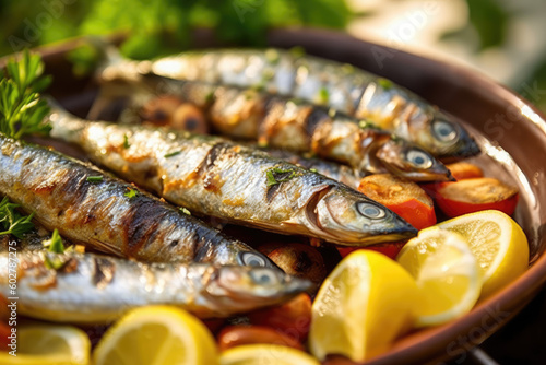 Grilled sardines with peppers  olive oil  and bread. Traditional Portuguese food  typical of popular festivals  popular saints Portugal. AI Generative