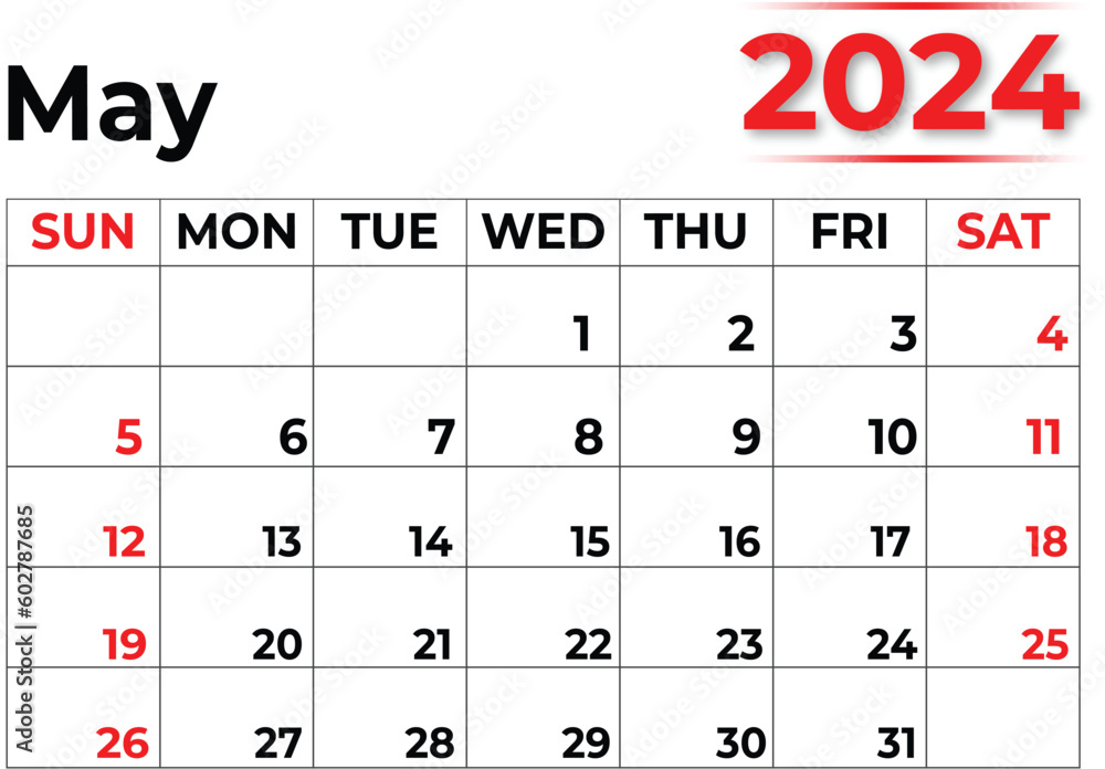 Monthly Calendar Design :   May 2024 - obrazy, fototapety, plakaty 