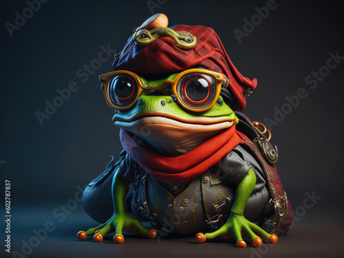 A quirky frog wearing glasses and a red hat stands out on a dark background. Generative AI, AI.
