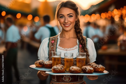 Oktoberfest Tradition. Waitress wearing traditional clothes and holding beers at the festival. Sunset. German culture and celebration concept. AI Generative