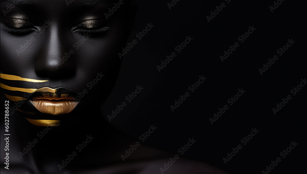 Fashion art. Beauty woman painted in black skin color body, gold makeup