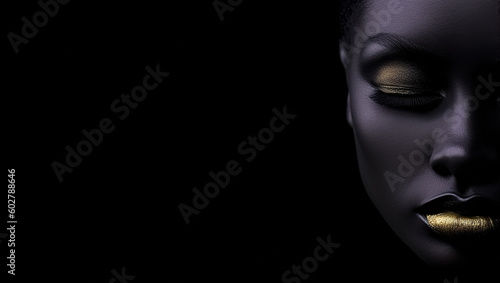 Beauty woman painted in black skin color body, gold makeup, lips, eyelids in gold color paint. Fashion art, body art. Beauty gold metallic body, painted Skin. copy space, digital ai 