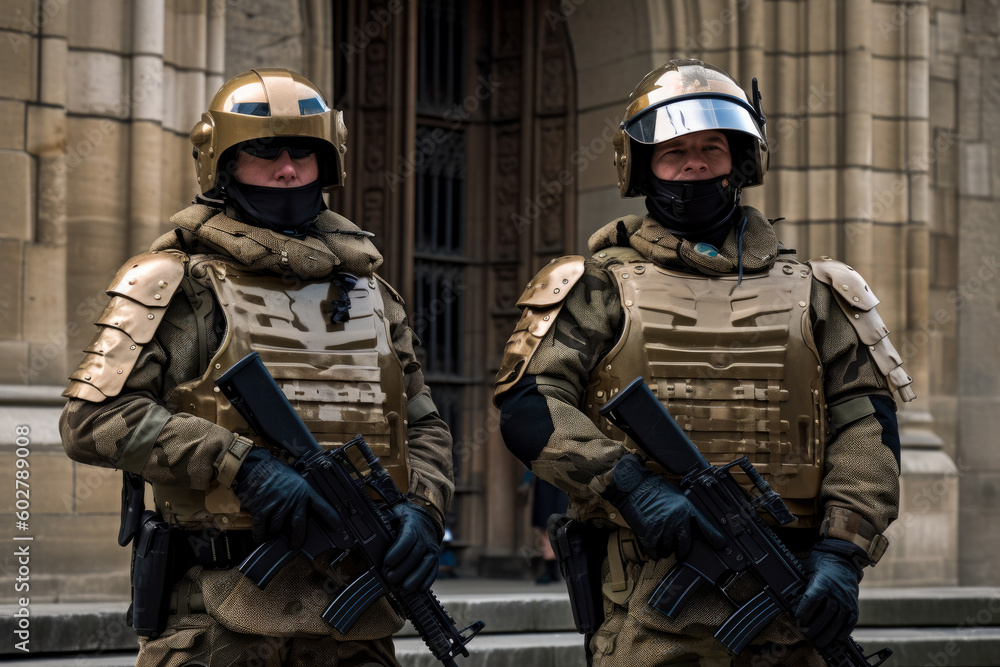 Two soldiers posing.These soldiers are heavily armed and equipped, wearing full military gear and carrying weapons such as rifles and grenades. Generative AI