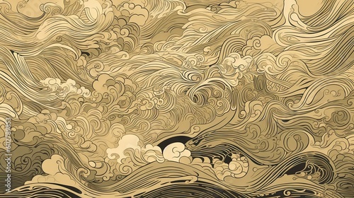 Japanese traditional Ukiyoe beige The beauty of the rough waves lies in their majestic dynamism Abstract, Elegant and Modern AI-generated illustration