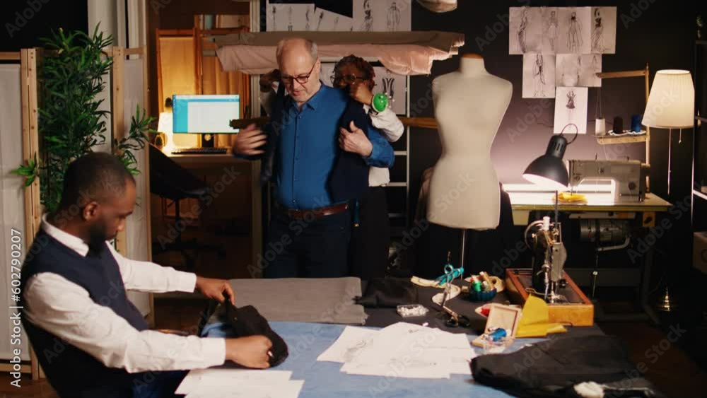 Dressing Client Old customer dressing up suit jacket in tailoring workshop, fitting ...