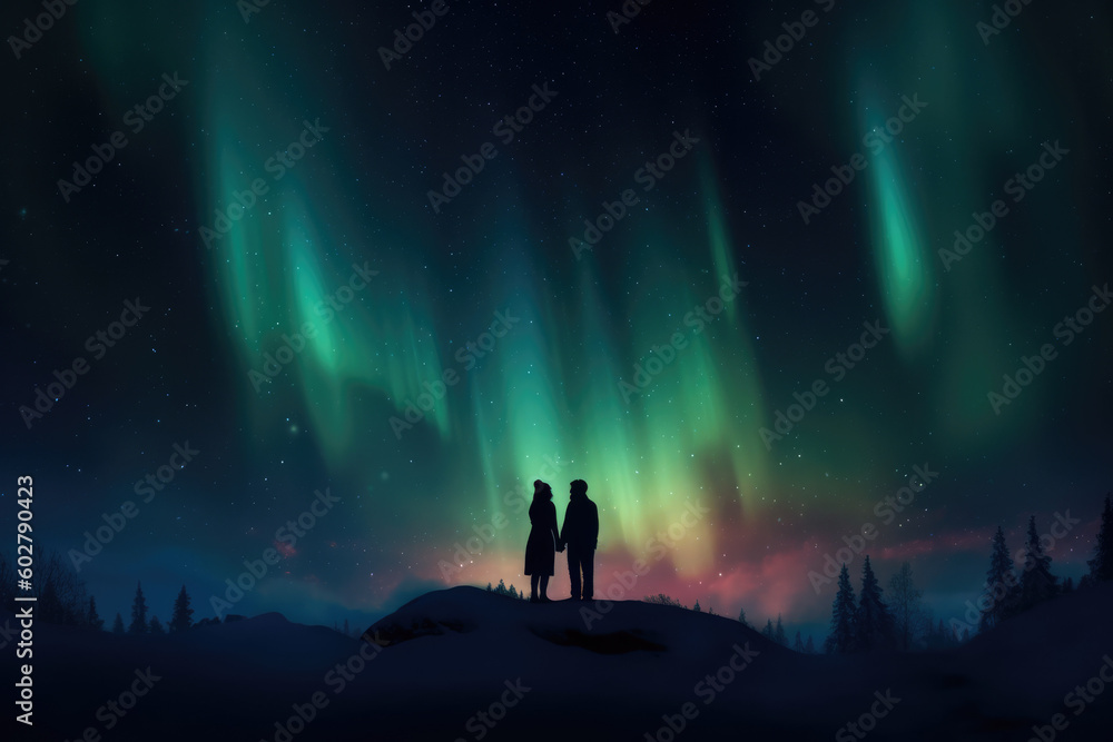 Twilight Romance: Silhouette Couple Embraces in Passionate Kiss against the Glowing Aurora Boreal Background Ai Generative