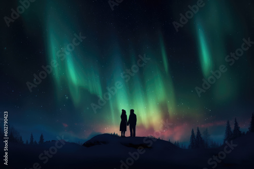 Twilight Romance: Silhouette Couple Embraces in Passionate Kiss against the Glowing Aurora Boreal Background Ai Generative