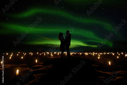 Twilight Romance: Silhouette Couple Embraces in Passionate Kiss surrounded by candles against the Glowing Aurora Boreal Background Ai Generative