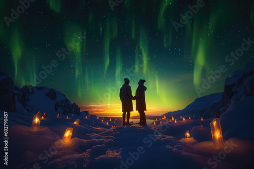 Twilight Romance: Silhouette Couple Embraces in Passionate Kiss surrounded by candles against the Glowing Aurora Boreal Background Ai Generative