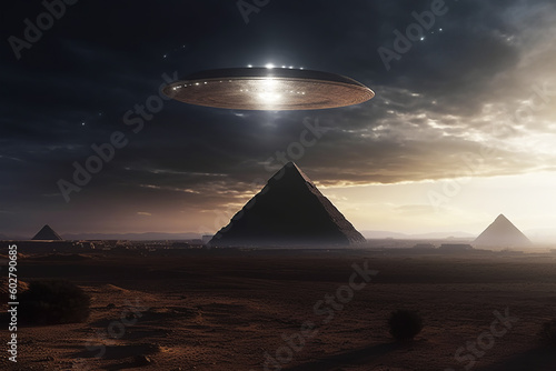 UFO flying over pyramid. Generative AI.