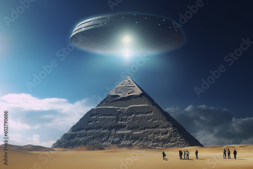 UFO flying over pyramid. Generative AI.